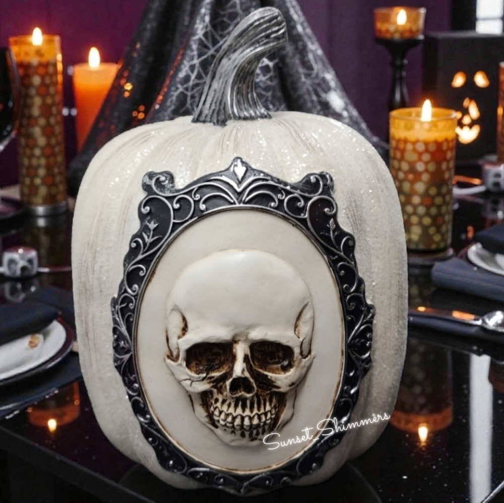 Sparkly White Pumpkin Gothic Framed 3D Skeleton Skull Head Halloween Day Of Dead